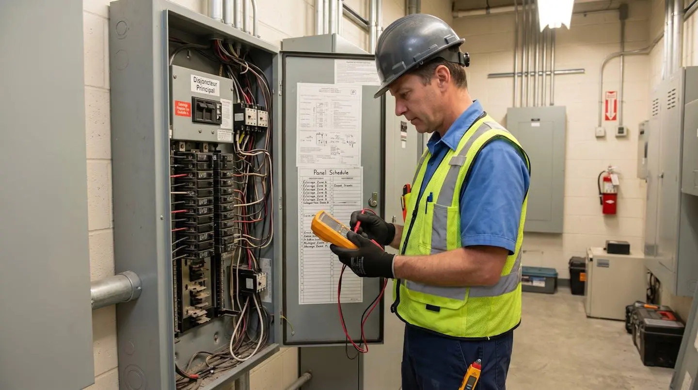 Électricien de dos inspectant un panneau électrique commercial avec appareil de mesure dans une salle technique