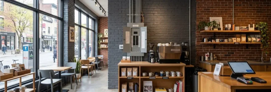 Intérieur d'un petit commerce à Montréal avec panneau électrique mural visible, conduits électriques apparents et éclairage LED moderne