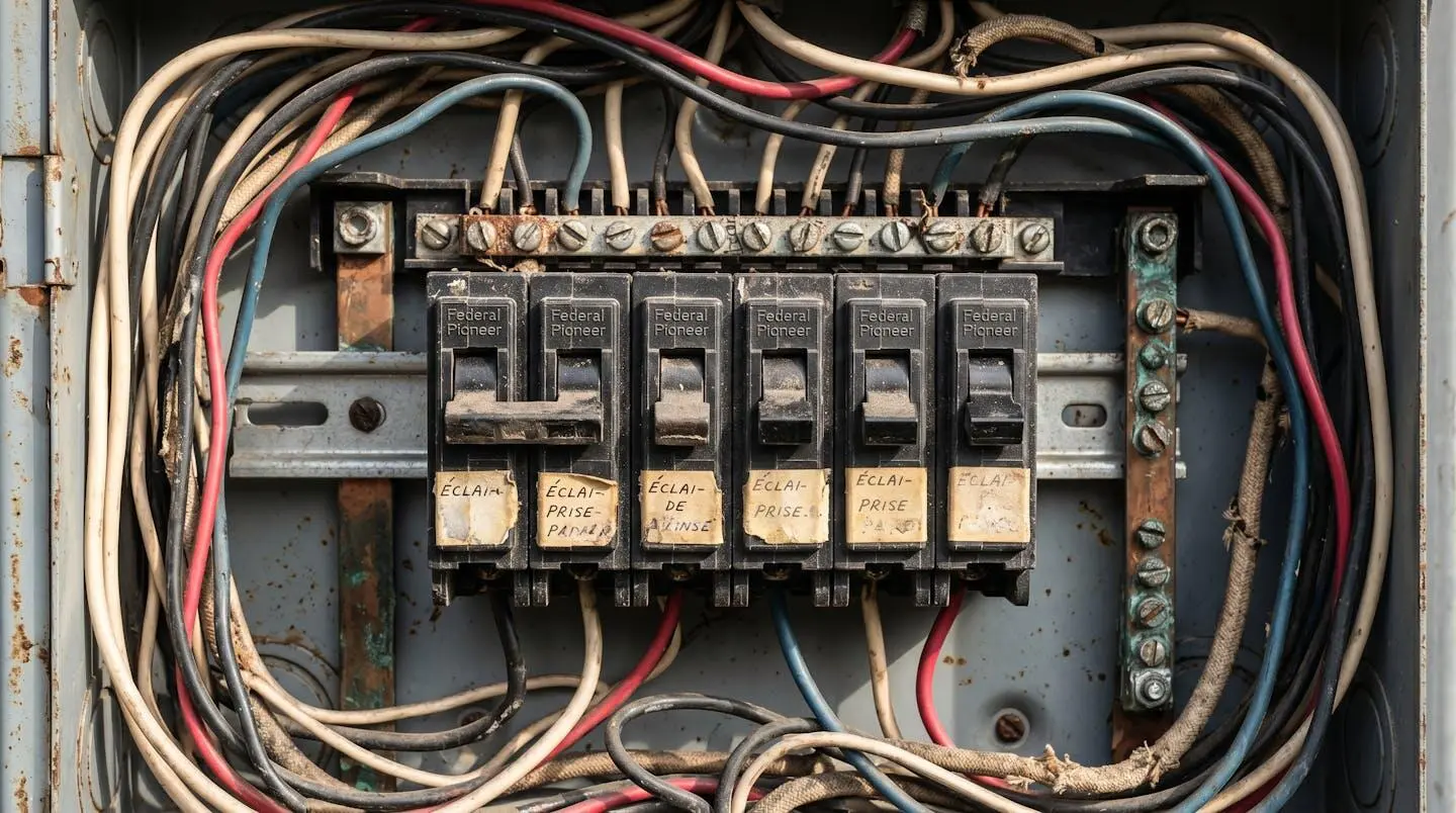 Gros plan d'un panneau électrique commercial des années 1970 montrant disjoncteurs obsolètes et câblage ancien avec traces d'usure
