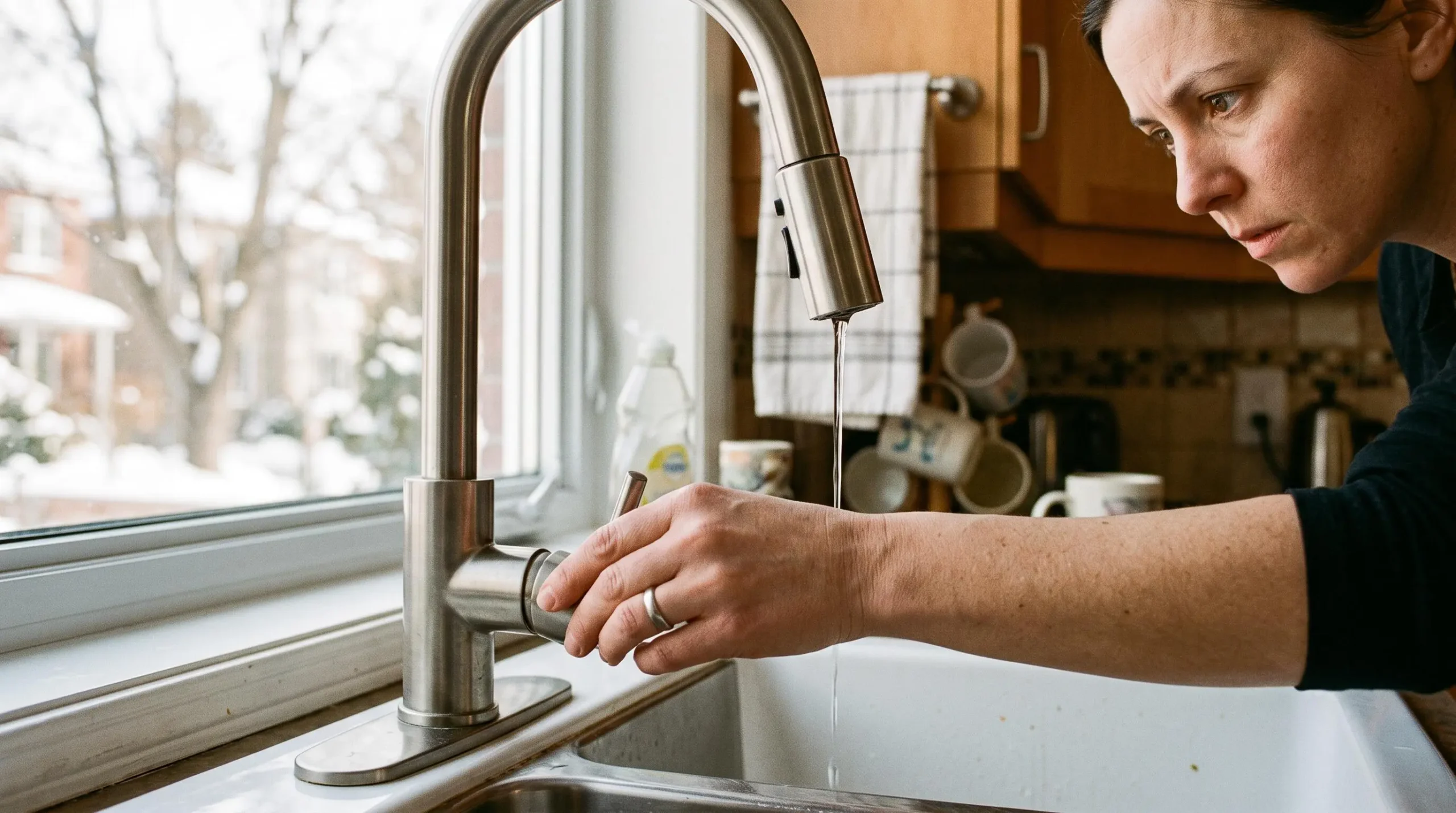 Main testant le débit d'eau faible d'un robinet de cuisine révélant un problème potentiel de gel de tuyauterie