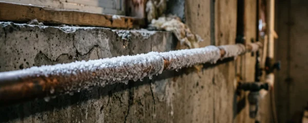 Tuyau de cuivre gelé avec formation de givre et de glace dans un sous-sol résidentiel montréalais
