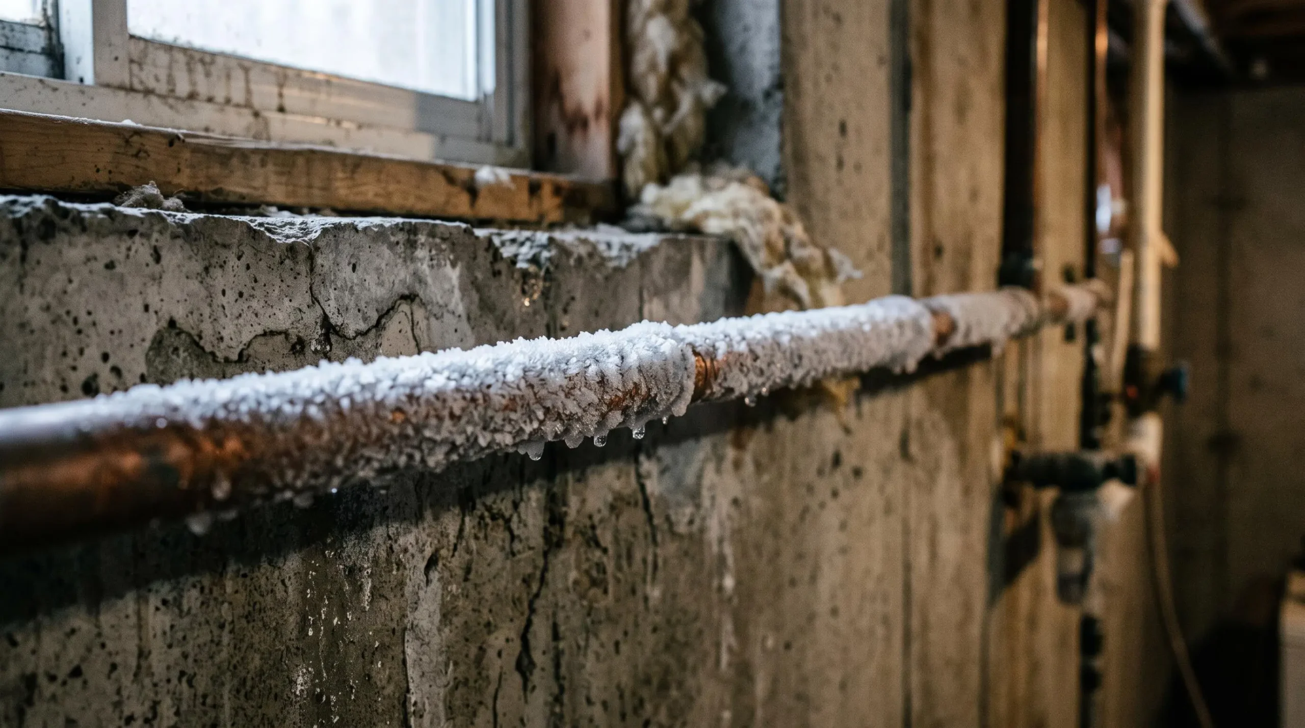 Tuyau de cuivre gelé avec formation de givre et de glace dans un sous-sol résidentiel montréalais